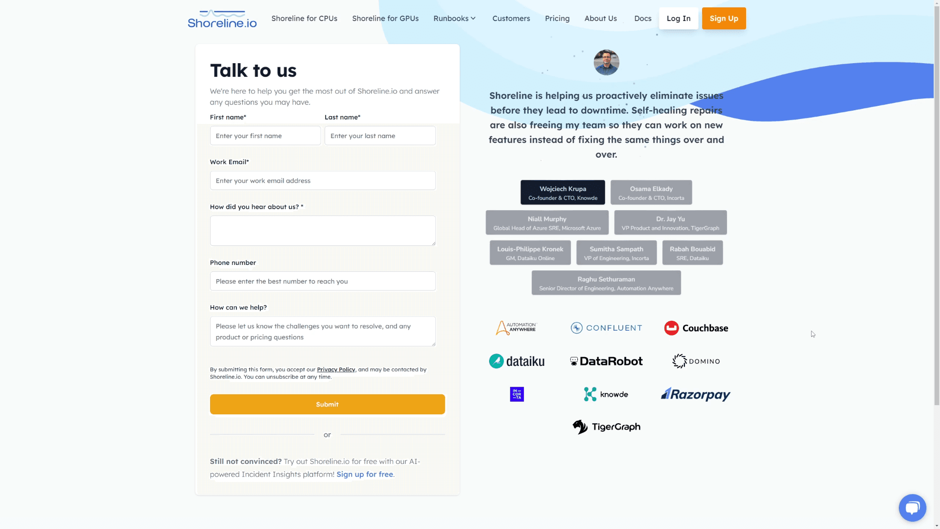 Talk to Us page with third-party integration